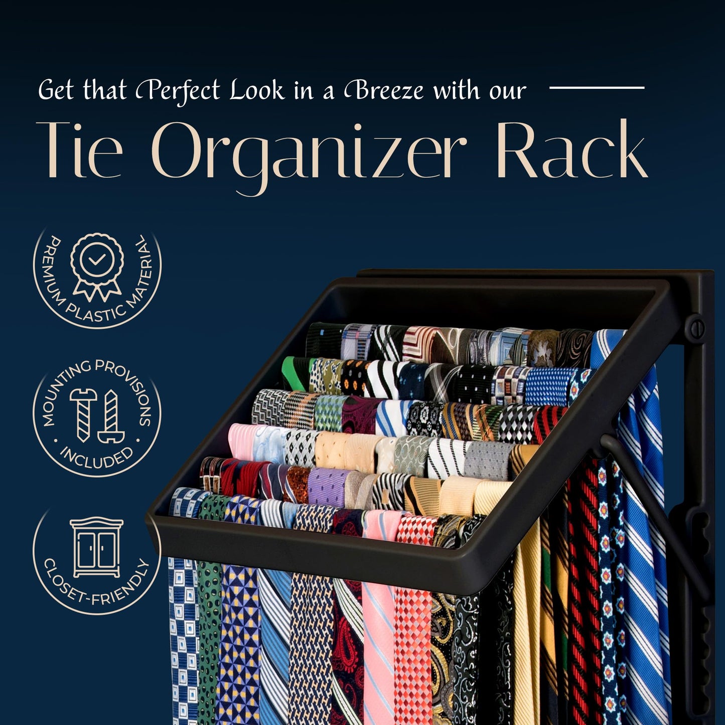 TieMaster Tie Rack and Scarf Organizer, Battery-Free Design, Holds 60 Ties and Scarves with 5 Belt Hooks, Easy Installation, Wall Mounted Tie Organizer, Luxury Gift for Men & Women