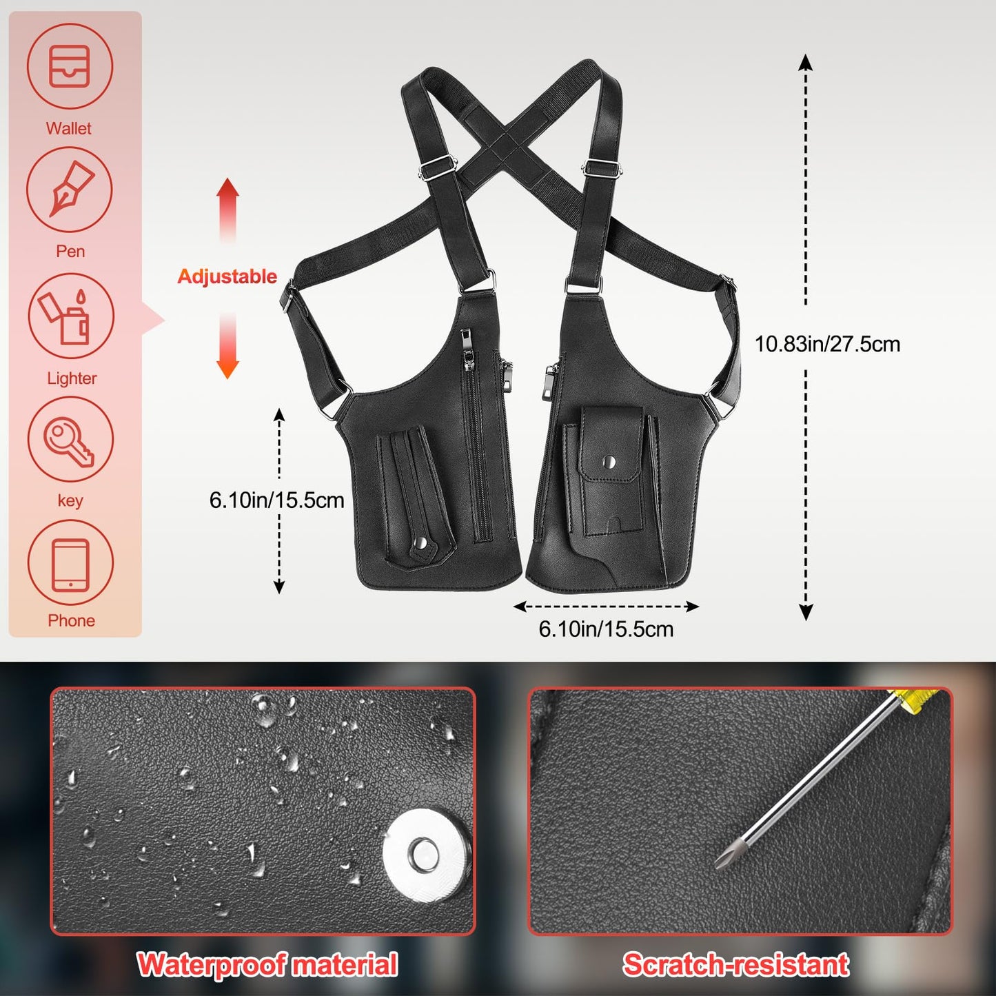 BIFENGSHUNCAI Double Shoulder Armpit Bagm, Mens Leather Shoulder Holster Bag with Anti-Theft Hidden Adjustable Strap Holster, Multi-Pocket Outdoor Water Resistant Crossbody Pack (Black)