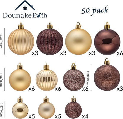 50ct Christmas Balls Ornaments for Xmas Tree, Bronze Copper Gold Shatterproof Christmas Tree Decorations Hanging Ball for Holiday Party Decor(1.57"-2.36")