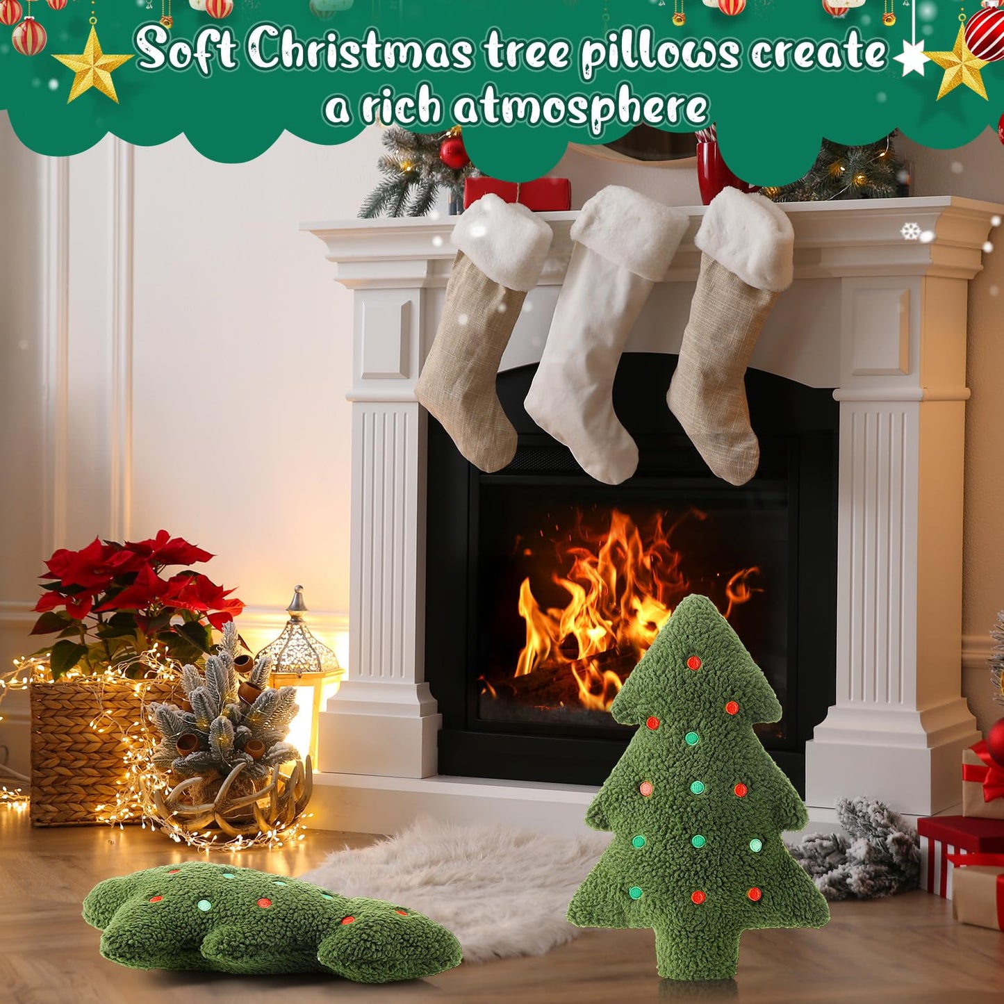 RoundFunny Set of 2 Christmas Tree Pillows Decorative 15.75" Christmas Tree Shaped Throw Pillows Plush Stuffed Cushions Xmas Decor Indoor for Home Sofa Couch Office Couch Room Party Bed Decorations