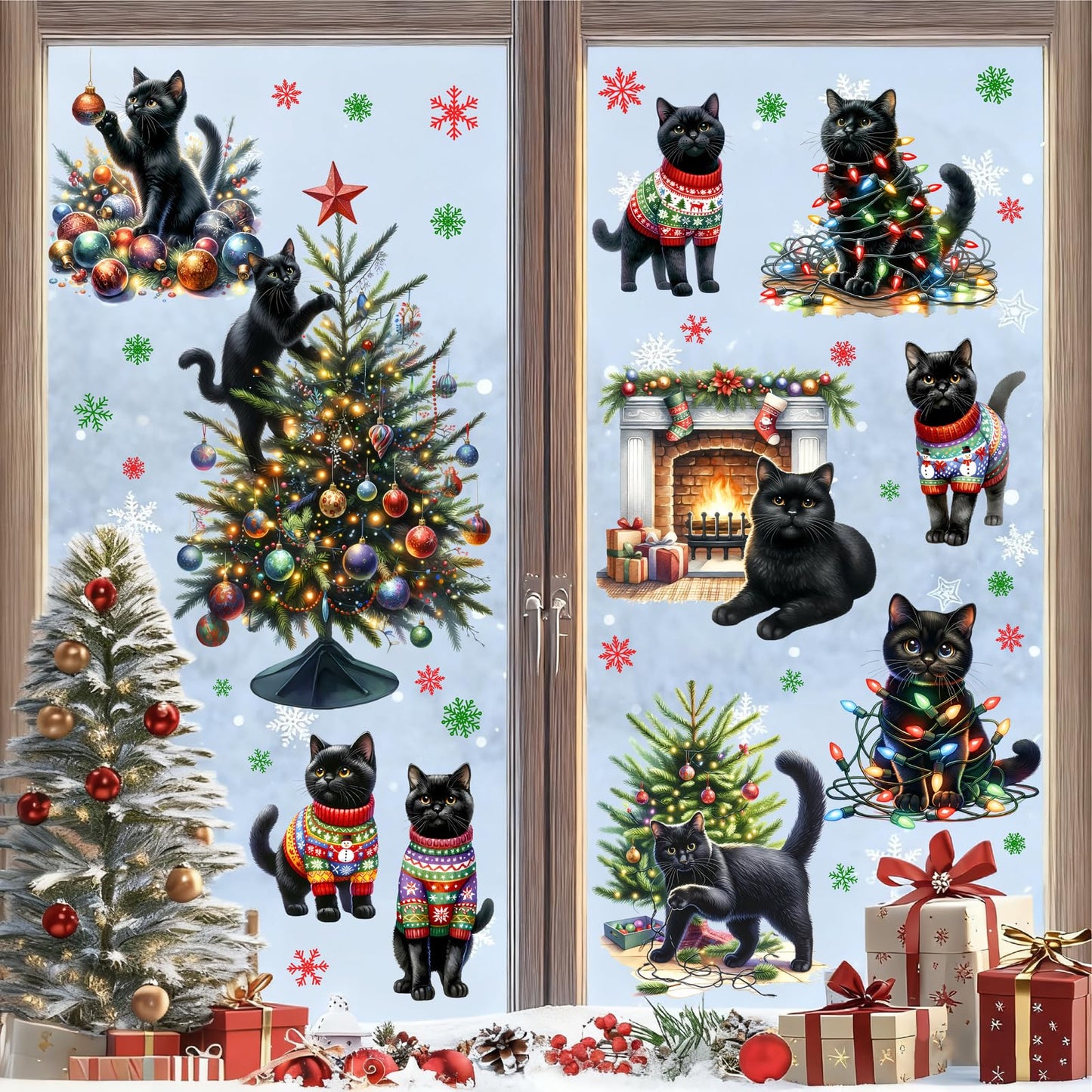 Christmas Decoration Window Clings Black Cat Window Sticker Indoor Removable Christmas Tree Static Decals Double-Sided Reusable Snowflake Vinyl Stickers for Home 2026 New Year Winter Holiday Supplies