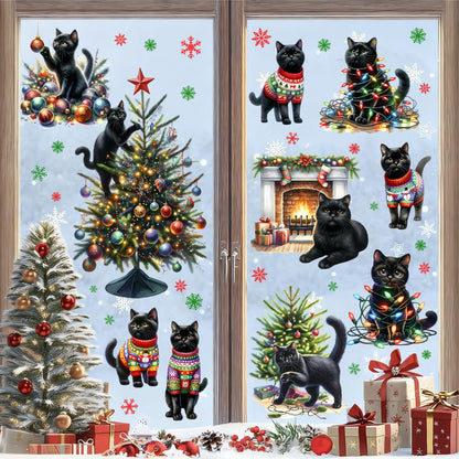 Christmas Decoration Window Clings Black Cat Window Sticker Indoor Removable Christmas Tree Static Decals Double-Sided Reusable Snowflake Vinyl Stickers for Home 2026 New Year Winter Holiday Supplies