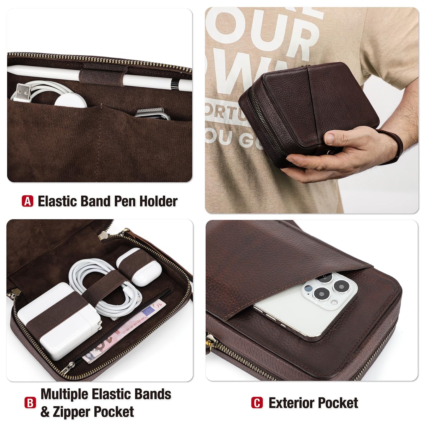 CataPurus Electronic Organizer Case Tech Kit, Top Grain Leather Handmade, Portable Compact Travel Electronic Accessories Storage Case Fits Phone, USB Cables, Chargers, Hard Drive, Cards, Apple pencil