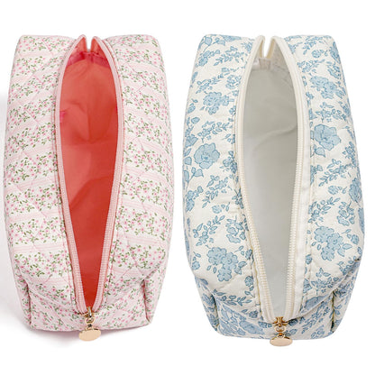 HHQQWZ Makeup Travel Cosmetic Bag, Two Pack: Pink+Blue Floral, Zipper Closure, Durable Polyester, Perfect for Toiletry, Makeup, Travel