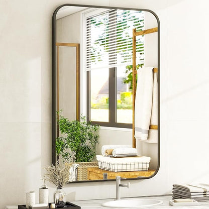 24 x 36 Inch Bathroom Mirror, Rounded Rectangular Vanity Mirror for Wall, Modern Mirror for Room Decor, Black Framed Wall-Mounted Mirrors for Home Decor, Hangs Horizontally or Vertically