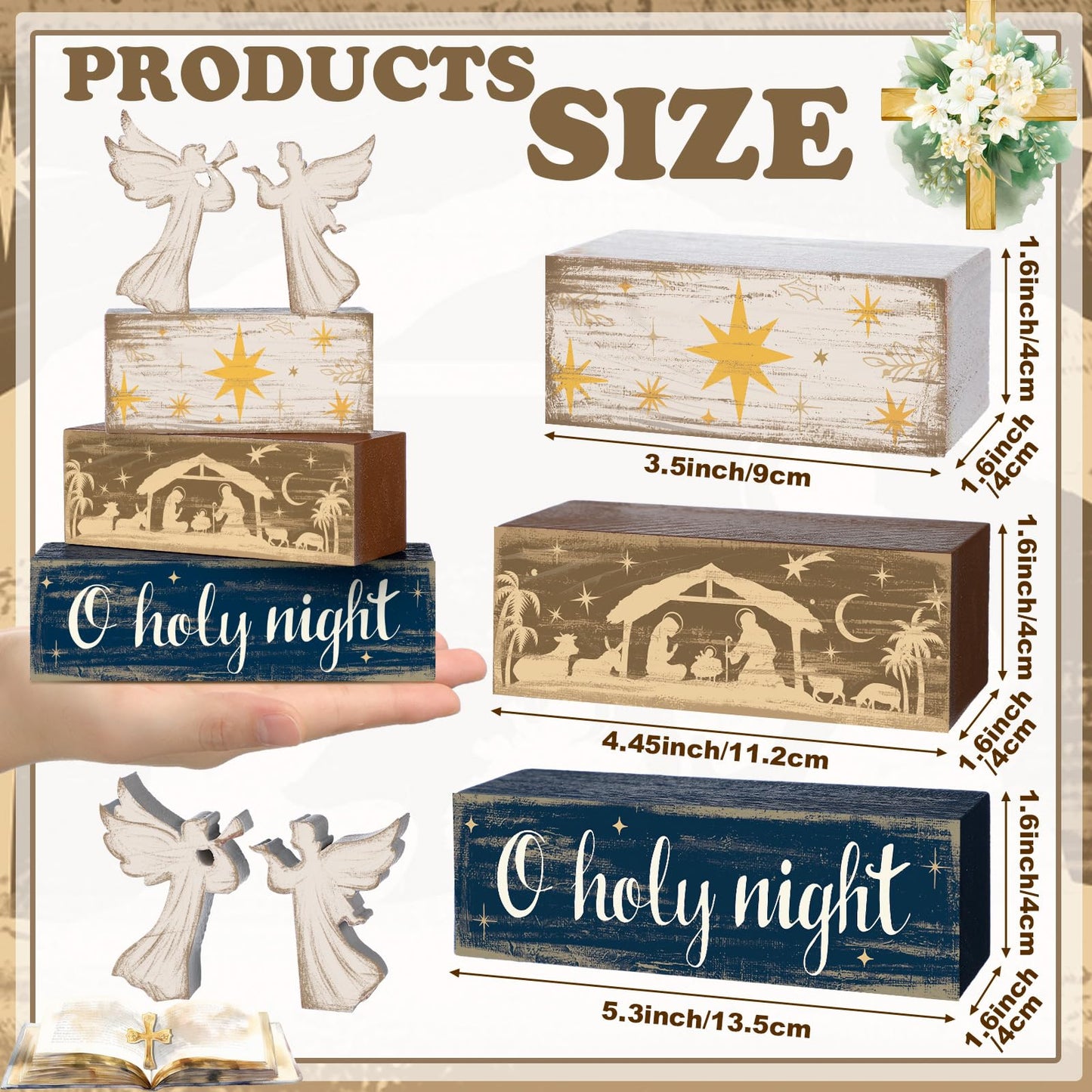 Moucuny 4 Pcs Christmas Angel Table Decor Christmas Wooden Decorative Signage Nativity Scene Tiered Tray Decor Xmas Centerpieces Farmhouse Wooden Block Set Xmas Table Sign for Home