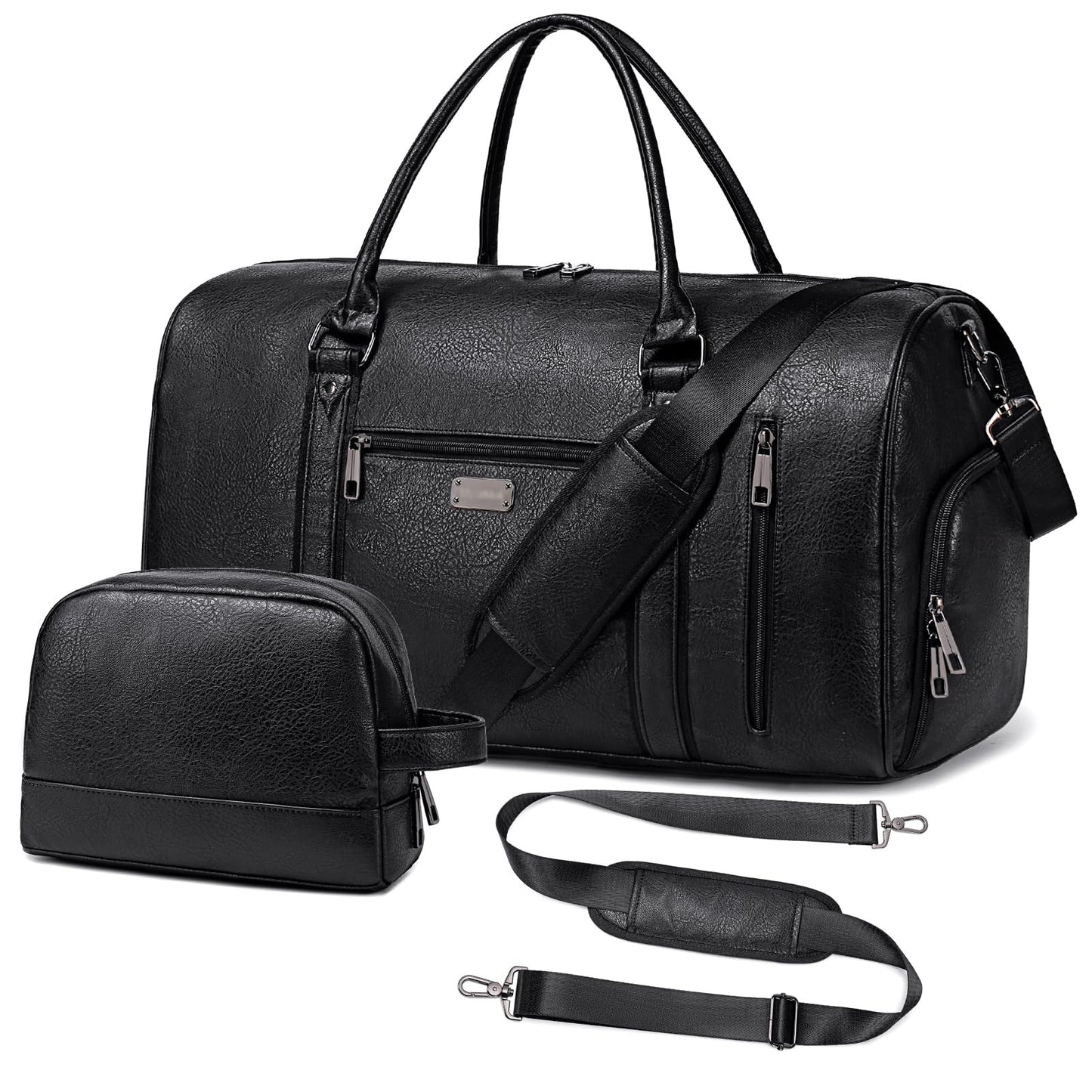 Large Travel Duffel Bag for Women Men, Faux Leather Weekender Overnight Bag with Shoe Compartment, Waterproof Carry On Bag with Toiletry Bag, Travel Tote Bag Gym Bag (Black)