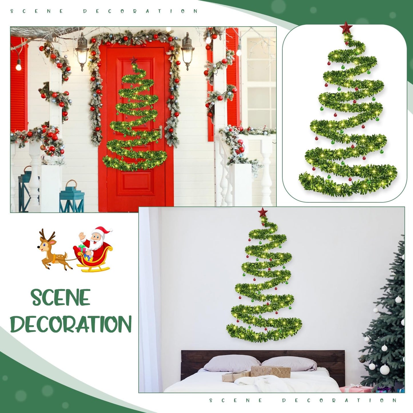 Daifunli Christmas Tree Wall Light Decoration DIY Wall Hanging 33 ft Garland Xmas Glitter Ball Ornaments Christmas Star Tree Topper for Xmas Outdoor Indoor Home Decor(Green)