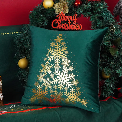 ONWAY Green Christmas Decorations Gold Throw Pillow Covers 20x20 Set of 4 Snowflakes Reindeer Decorative Cushion Cases Xmas Golden Decor for Couch Sofa Bedroom