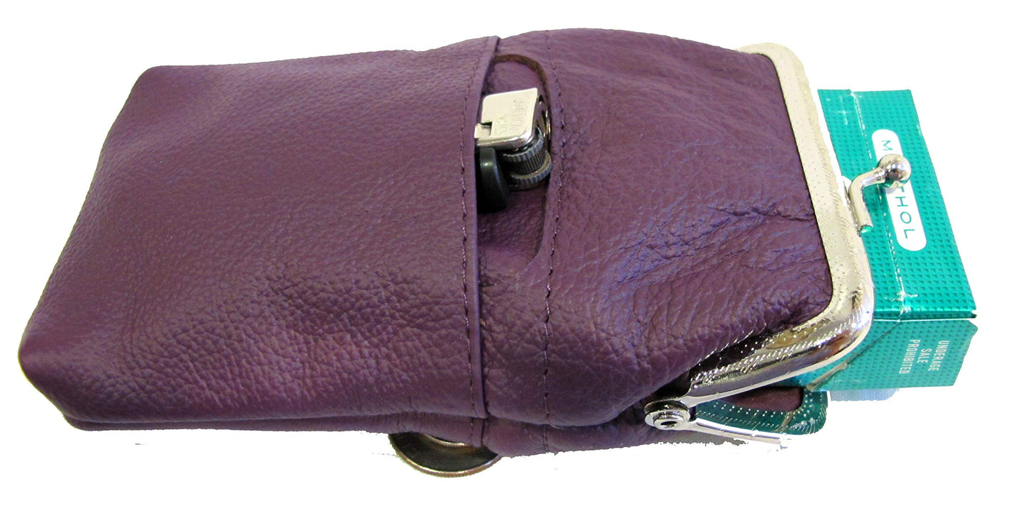 Women 100% Pure Leather Cigarette Case Lighter Match Pocket Zipper Coin Pouch -4 Color (Purple)
