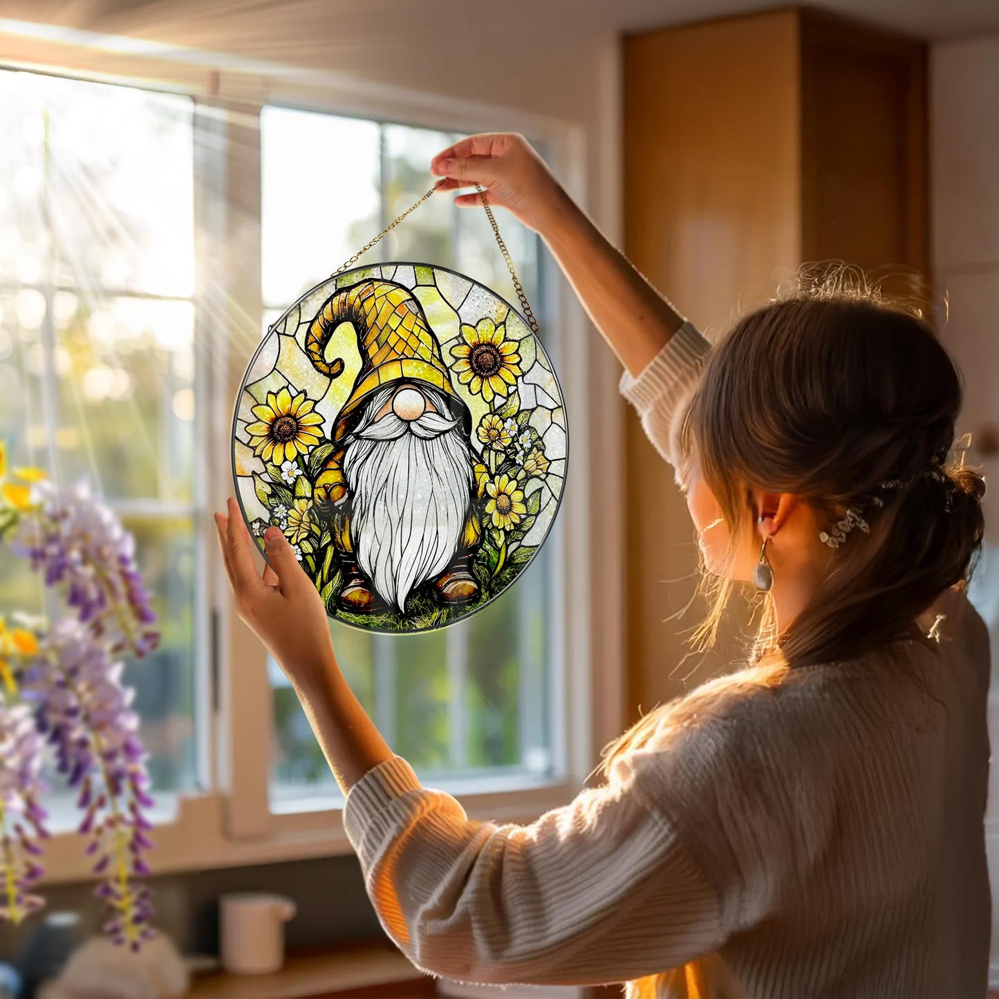 DOUHASU 8″ Stained Glass Window Hanging Ornament, Sunflower Gnome Stained Glass Suncatcher Ornament, Sun-Catcher Window Decor | Christmas & Birthday Gifts, Festival Gifts | Gift for Her