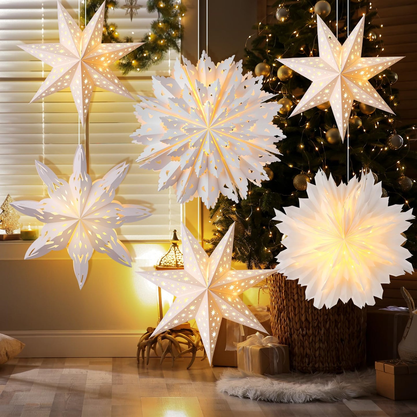 Watersay 6 Pack Christmas in July Snowflake Paper Lantern Summer Christmas Star Paper Lanterns with 6 LED Light White Hanging Lamp Ornaments for Xmas Weddings Birthday Party Decoration(Stylish Style)
