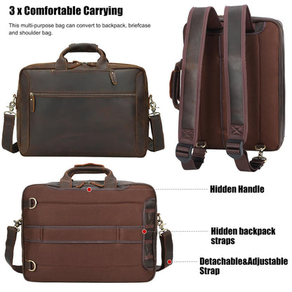 TIDING Leather Convertible Briefcase Backpack for Men, Large 15.6 Inch Laptop Messenger Bag Work Business Travel Crossbody Shoulder Bag