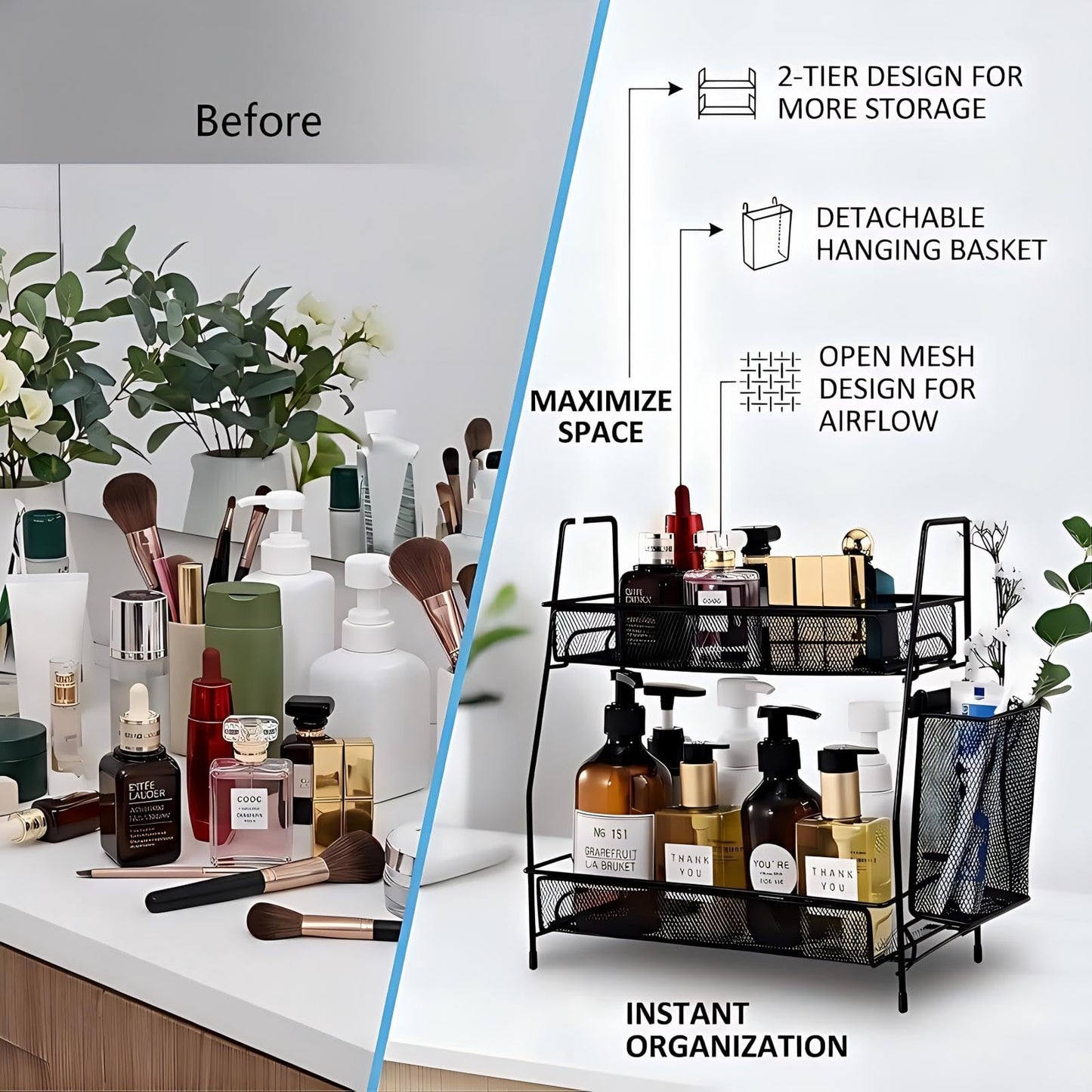 LEMIKKLE 2-Tier Bathroom Countertop Organizer,Skincare, Makeup Countertop Organizers, Kitchen, Bathroom Counter Storage with Small Basket (Black)