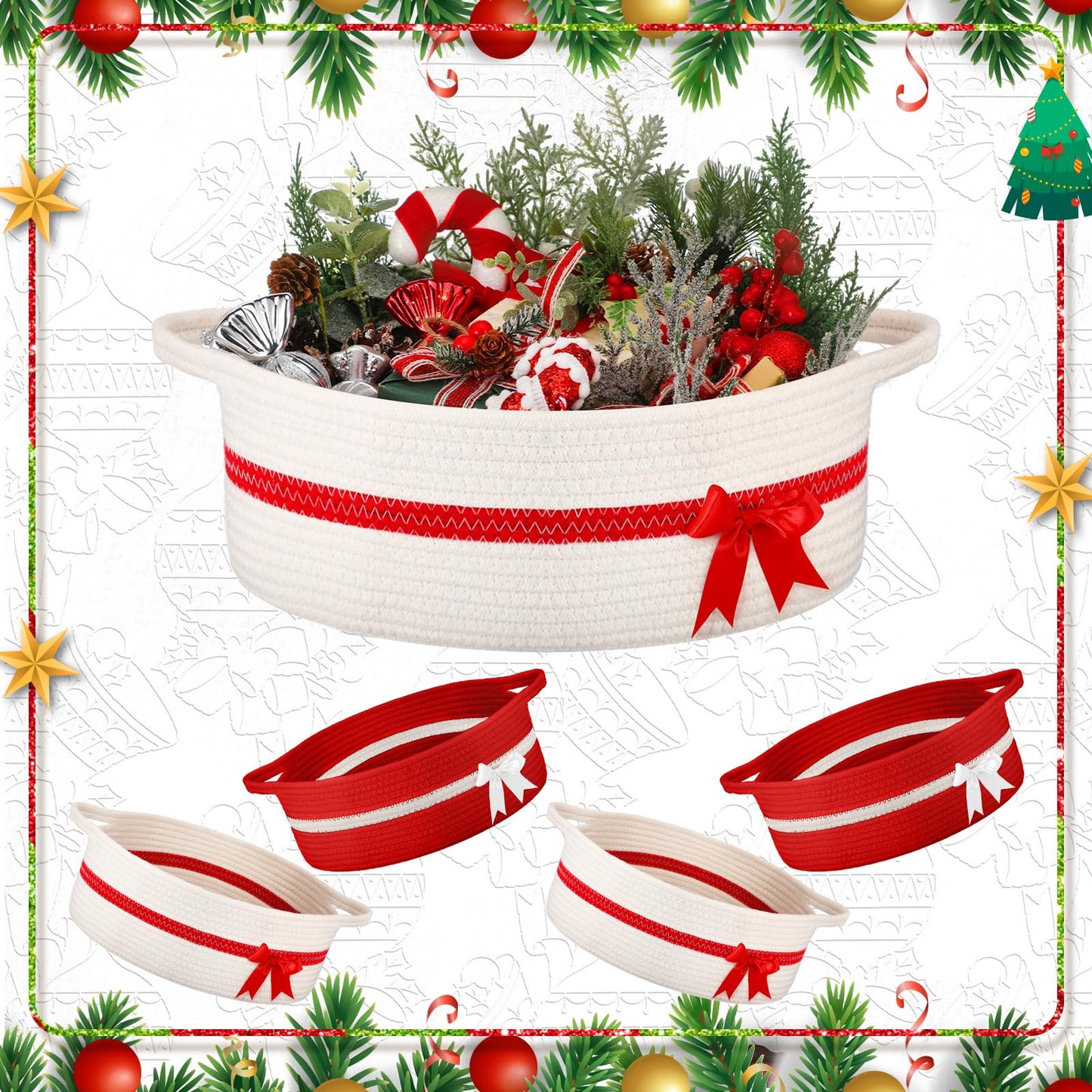 Youyole 2 Pcs Christmas Storage Gift Basket with Gift Bag and Ribbon Xmas Small Storage Basket with Bow and Handles for Nursery Home Empty Living Room Christmas Decorative Container, Red and White