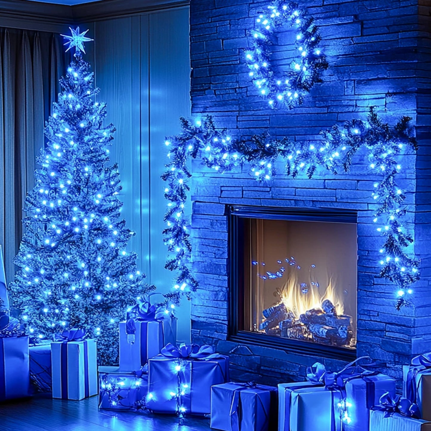 Kwaiffeo Blue Christmas Lights, 100FT 300LED String Light Outdoor Indoor, 8 Modes Connectable Blue Lights for Christmas Halloween Decorations Outside, Fairy Light for Party Yard Tree Decor