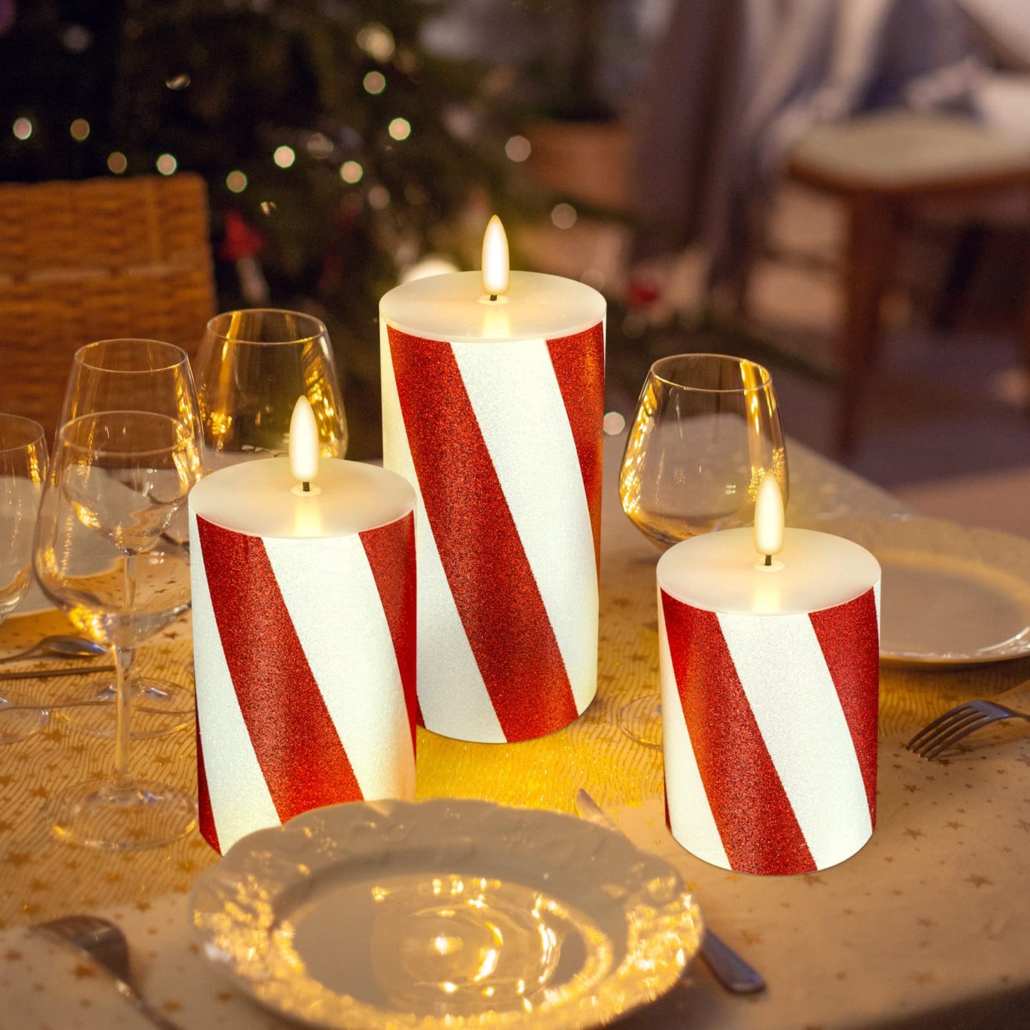 HN HAIINAA Christmas Flameless Candles Real Wax Red Battery Operated Pillar Candles with Remote Flickering Flame 3D Wick LED Electric Candles for Christmas Home Decoration D3 x H4 5" 6" Set of 3