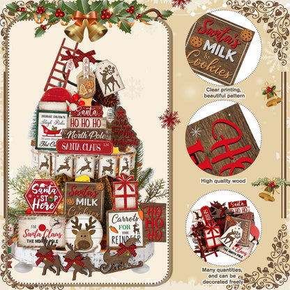 CroBlissful 23 Pcs Christmas Winter Tiered Tray Decor Snowman Farmhouse Decor Winter Tiered Table Centerpieces Wood Blocks Signs for Home Shelf, Without Tray(Red,Elk)