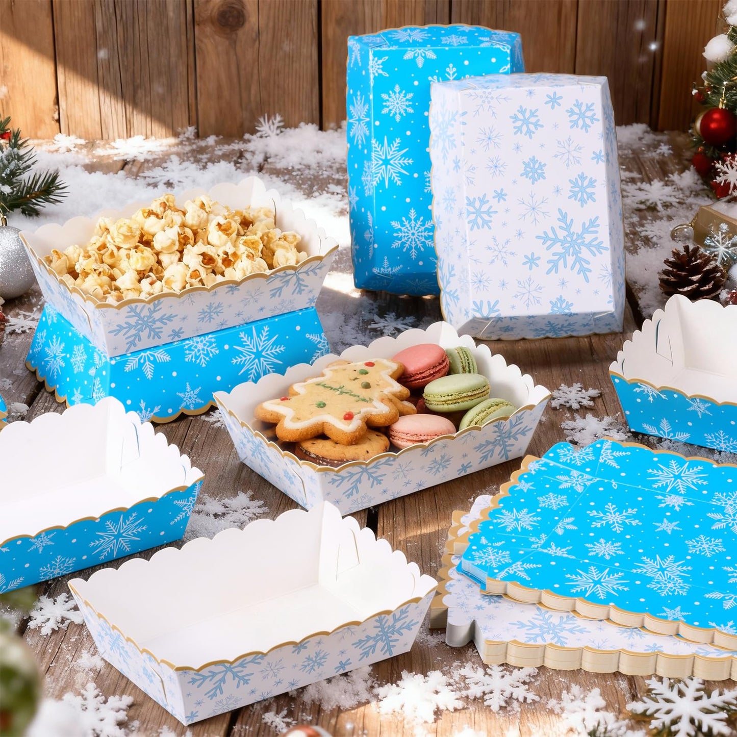 Dunzoom 60 Pcs Blue White Winter Snowflake Paper Food Trays Winter Wonderland Party Decoration Snowflake Snack Trays Nacho Boats Bowl Disposable for Holiday Birthday Baby Shower Party Supplies