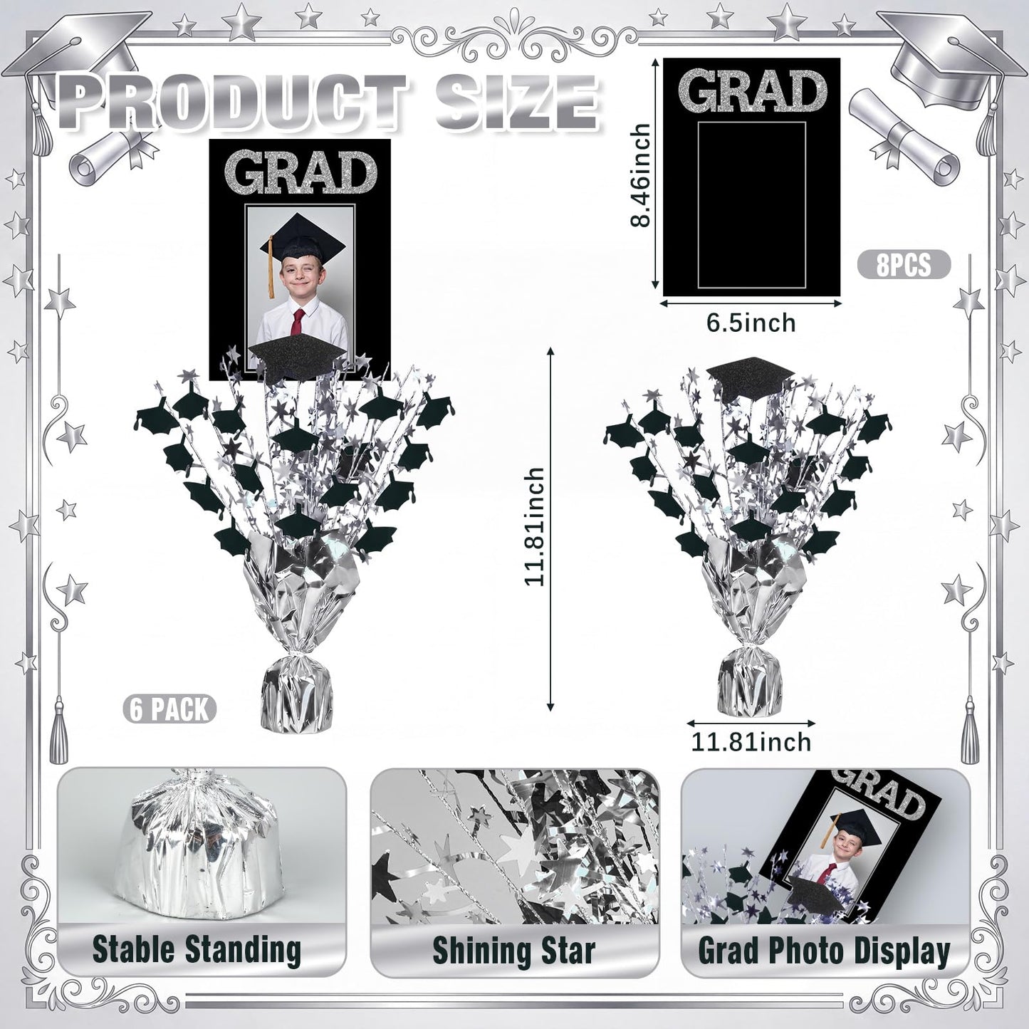 Capoda 6 Pack Graduation Table Centerpiece Party Decoration Metallic Foil Spray Centerpiece Glitter Star Tabletop Decor for 2026 Graduation Party Congrats Grad Decor Supplies (Photo,Black Silver)