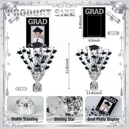 Capoda 6 Pack Graduation Table Centerpiece Party Decoration Metallic Foil Spray Centerpiece Glitter Star Tabletop Decor for 2026 Graduation Party Congrats Grad Decor Supplies (Photo,Black Silver)