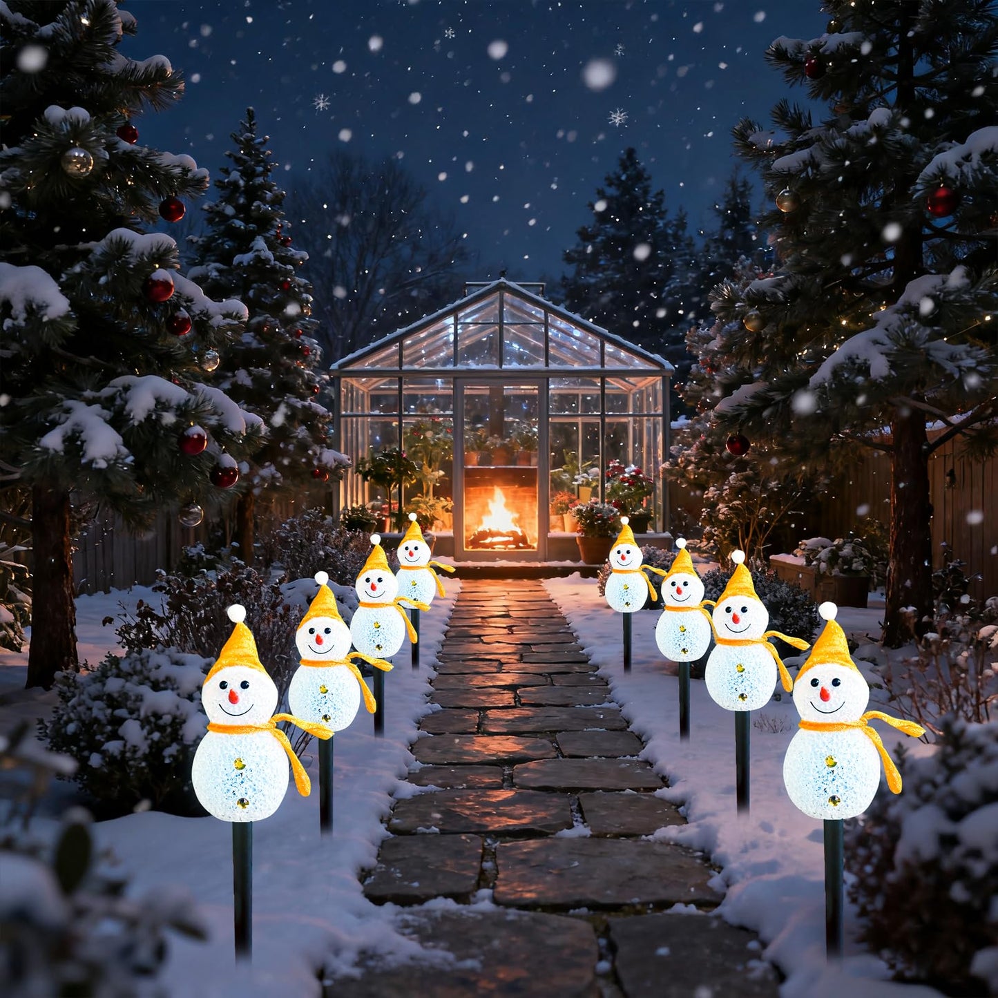 Taoushuleng Led Christmas Yellow Snowman Pathway Lights, Solar Powered Light with 4 Stakes 8 Lighting Modes for Yard Garden Decor (Yellow Snowman)