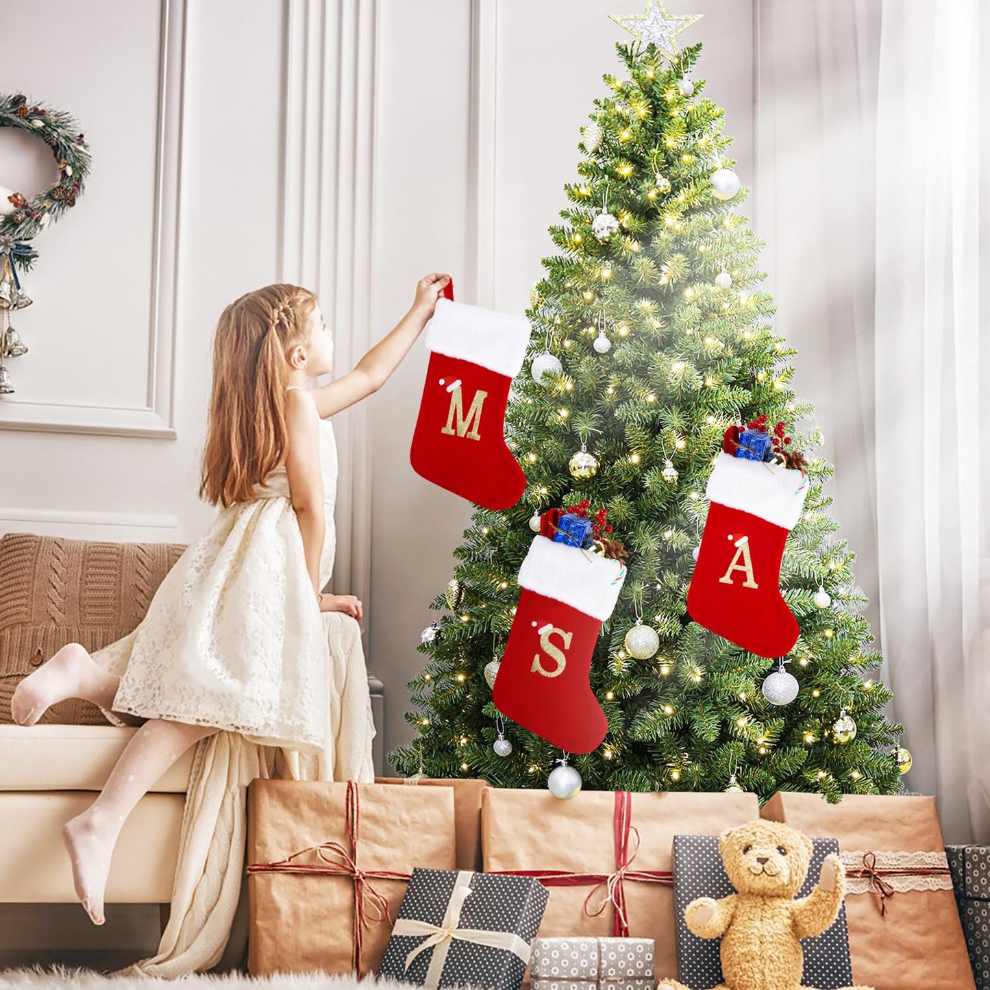 Sailup 20 Inches Monogram Christmas Stockings with Letters, Large Super Soft Christmas Stockings Red Velvet with White Super Soft Plush Cuff for Christmas Xmas Tree Holiday Fireplace (B)