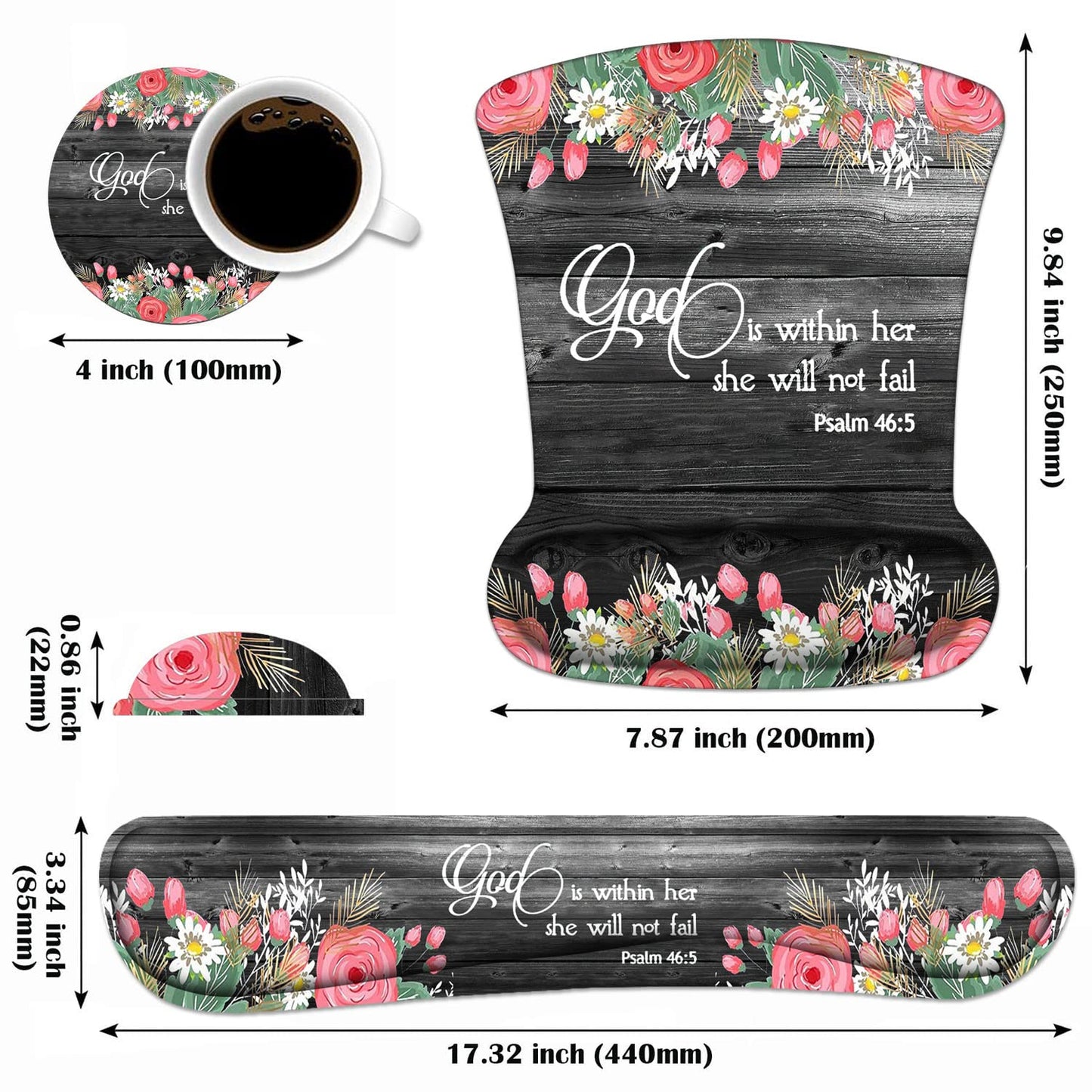 Keyboard Wrist Rest and Mouse Wrist Rest Pad Set with Coasters, Ergonomic Support, Non-Slip PU Base, Easy Typing & Pain Relief for Home Office Working Studying, Floral Quote Bible Verses Psalm 46:5