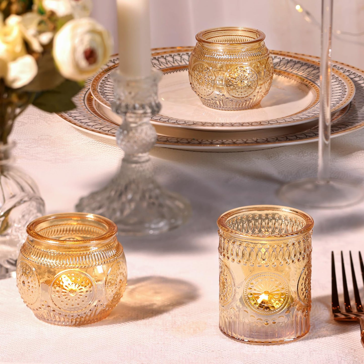 48Pcs Gold Votive Candle Holders - Glass Candle Holder Bulk for Table Centerpiece, Tea Lights Candle Holders for Home, Christmas Party & Wedding Shower