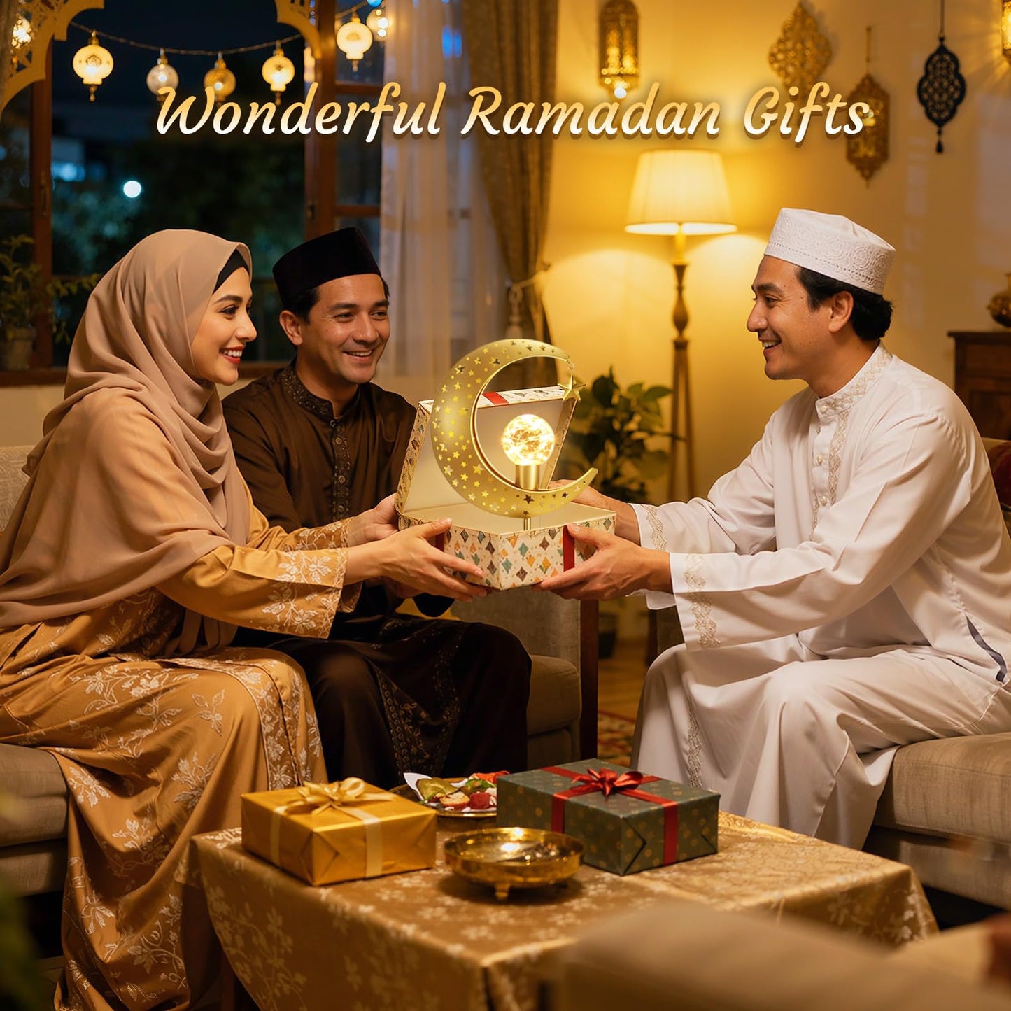 Lewondr Ramadan Moon Lamp, Crescent Moon with Star Table Lamp, Battery Powered Ramadan Desk Lamp Decorations Crescent Table Light Bedside Night Stand Desktop Living Room Home Decor, Eid Mubarak Decor