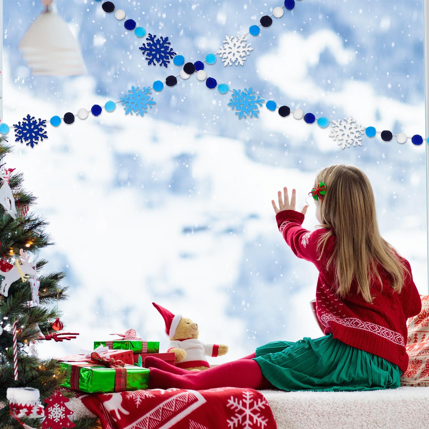 AnyDesign 8.2Ft Winter Snowflake Felt Ball Garland Cute Dark Blue Sky Blue White Pom Ball Banner Christmas Hanging Bunting Garland for Xmas Holiday Home Mantel Wall Decor Party Supplies