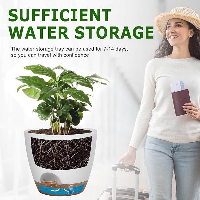 Self-Watering Plant Pots with Water Level Indicator, Drainage Holes & Saucers – 12/10/9 Inch Large Plastic Planter Set for Indoor & Outdoor Plants (White)