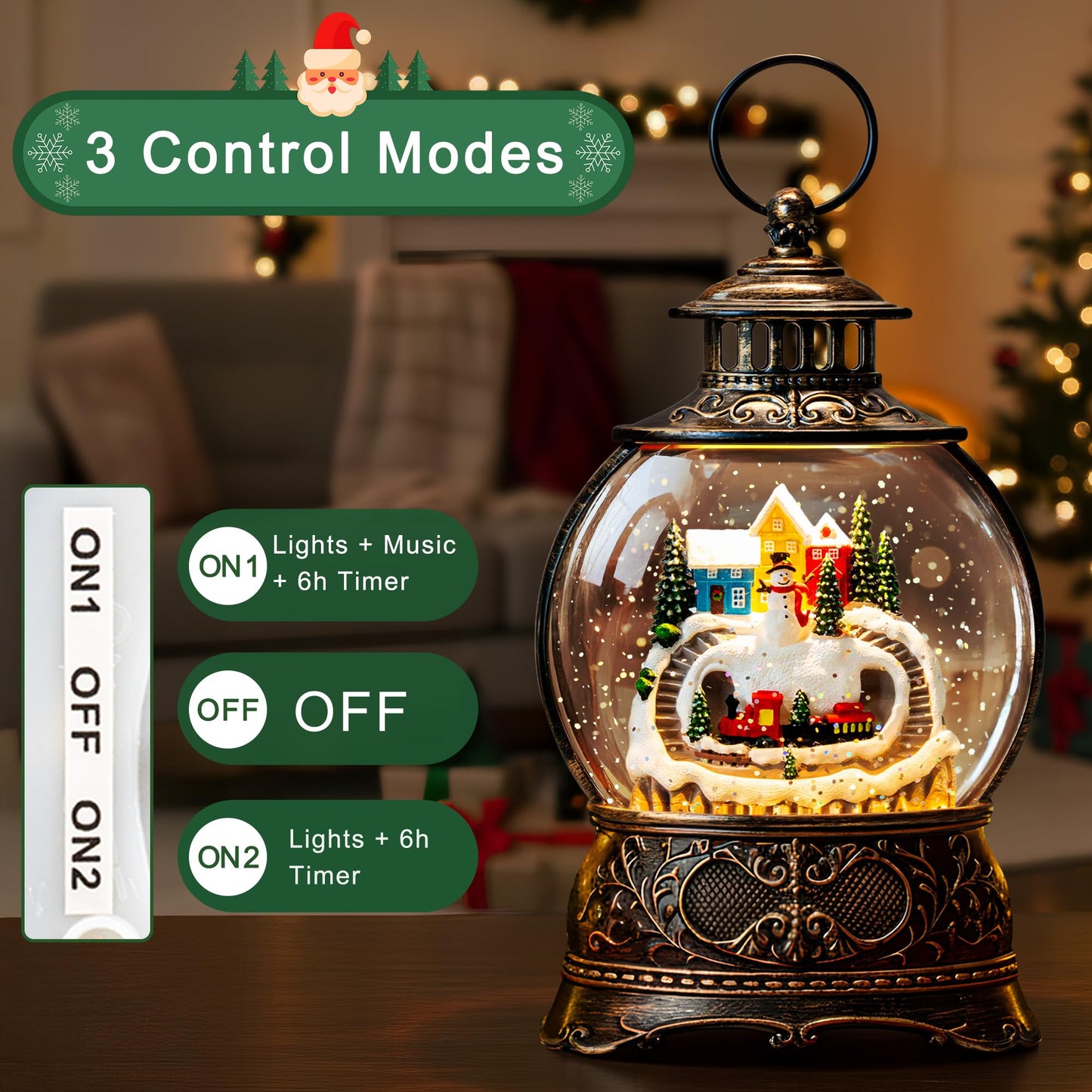 Christmas Village Snow Globe Lantern – LED Musical Swirling Glitter Water Globe, Snowy Village with Train, Battery or USB Powered, Auto Timer – Tabletop Decor & Gift