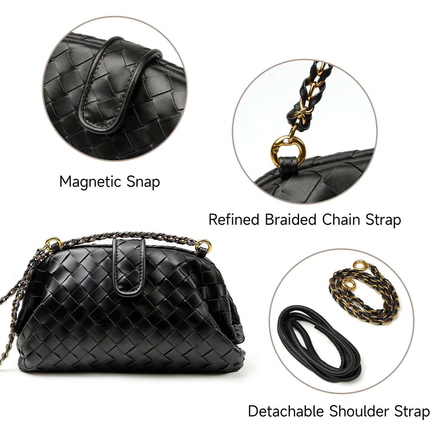 Joryin Formal Evening Bag Woven Shoulder Bag. Black Clutch Purses for Women Wedding. Dumpling Bag Crossbody Handbag Dress Purse Vegan Leather.
