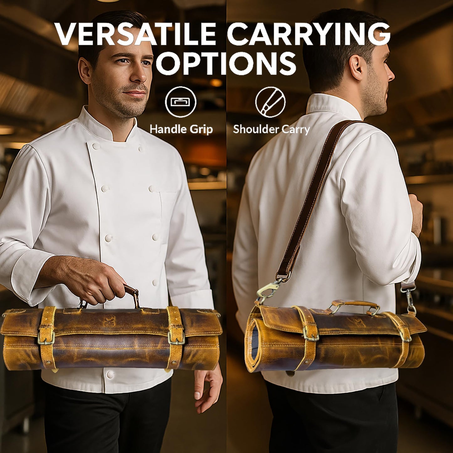 Rustic Town Genuine Leather Chef Knife Roll All Purpose Chef Roll, Brown, L, Knives Organiser