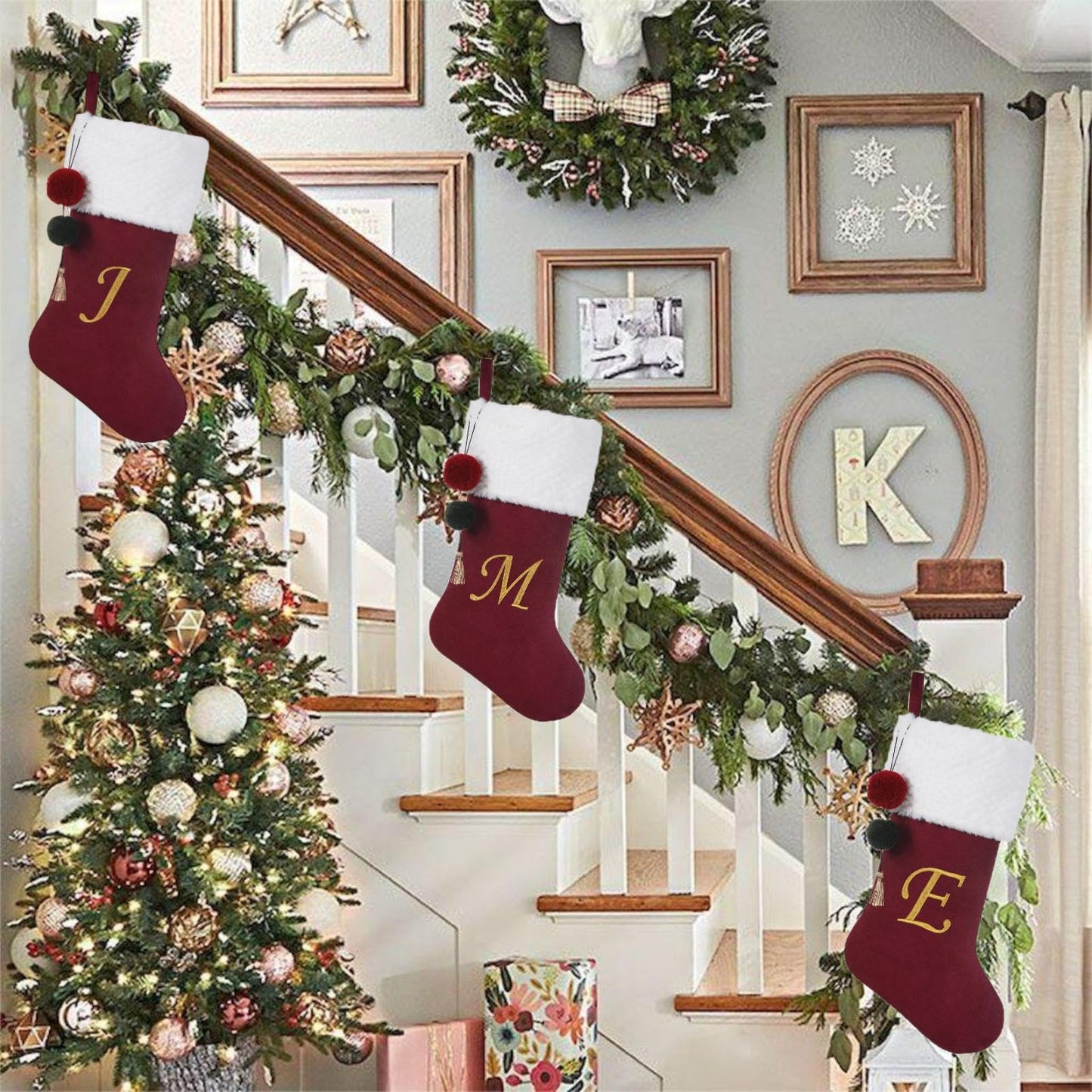 Pxniy 19.5" Personalized Burgundy Christmas Stocking with Embroidered Initials- Fireplace Stockings, Family Holiday Xmas Party Decor Mom