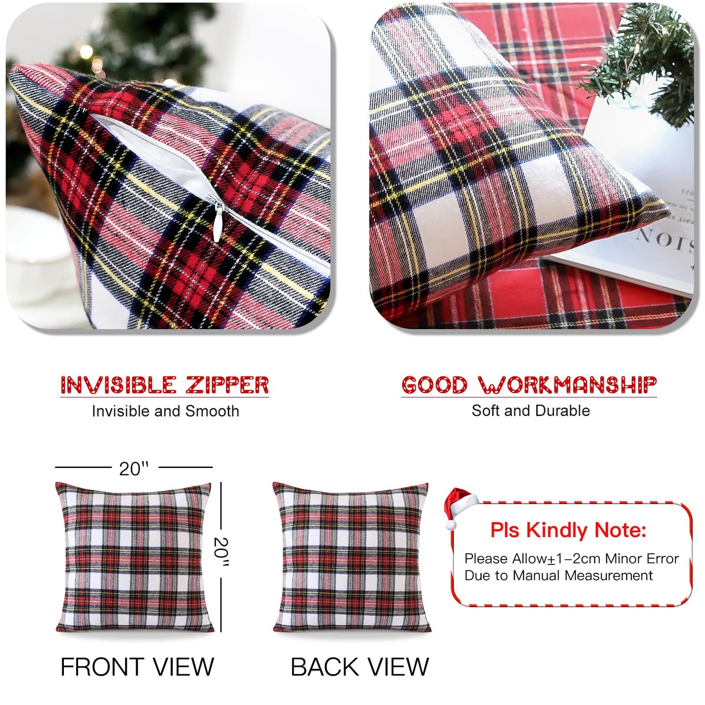 OTOSTAR Christmas Scottish Tartan Plaid Throw Pillow Covers Farmhouse Classic Decorative Square Cushion Cases Soft Pillowcases for Decor Sofa Couch 20x20 Inch Set of 2 (Red White)