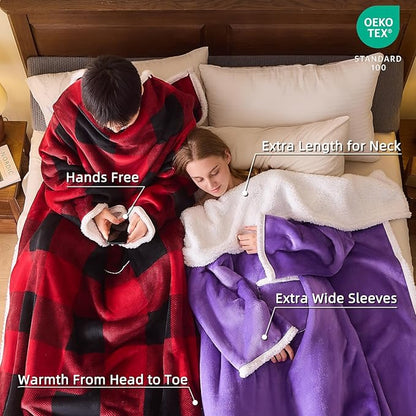 IFNOW Sherpa Wearable Blanket with Sleeves for Women Men Adults, Cozy Wearable Blanket with Arm and Pocket, Warm Full Body TV Wrap Throw Blanket, Soft Robe Blanket as Gifts for Mom Wife, Purple