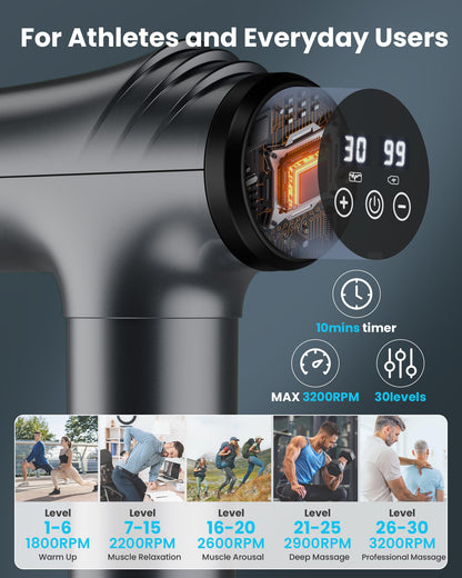AYURA Massage Gun Deep Tissue, Muscle Massager Gun for Pain Relief, Percussion Massage Gun with 30 Speeds & 6 Heads, Portable Handheld Back Massage Gun for Athlets Men Women (Grey)