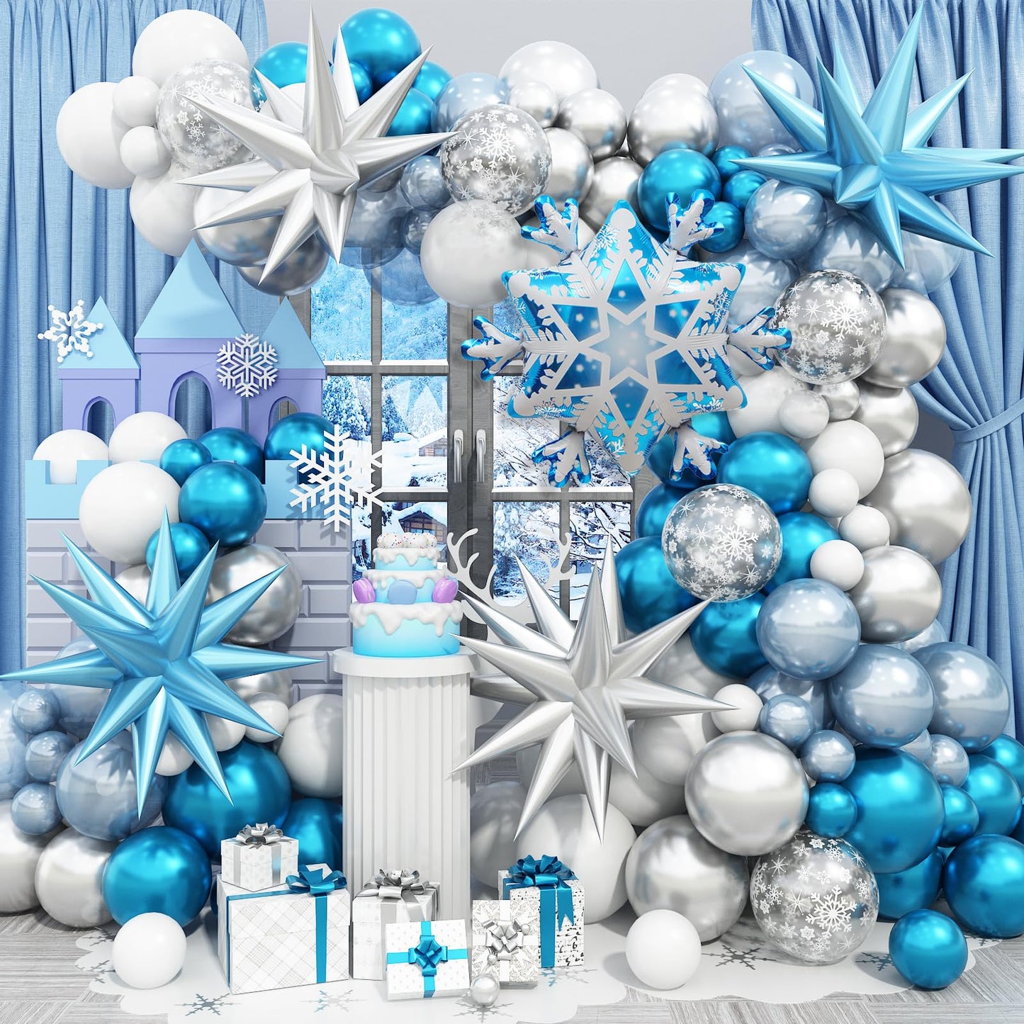 Winter Snowflakes Balloon Arch Garland Kit, White Silver Winter Balloon with Rich Large Snowflakes Mylar Star Foil Balloons*5, Metallic Silver Blue Balloons for Winter Wonderland Girl Birthday Decorat