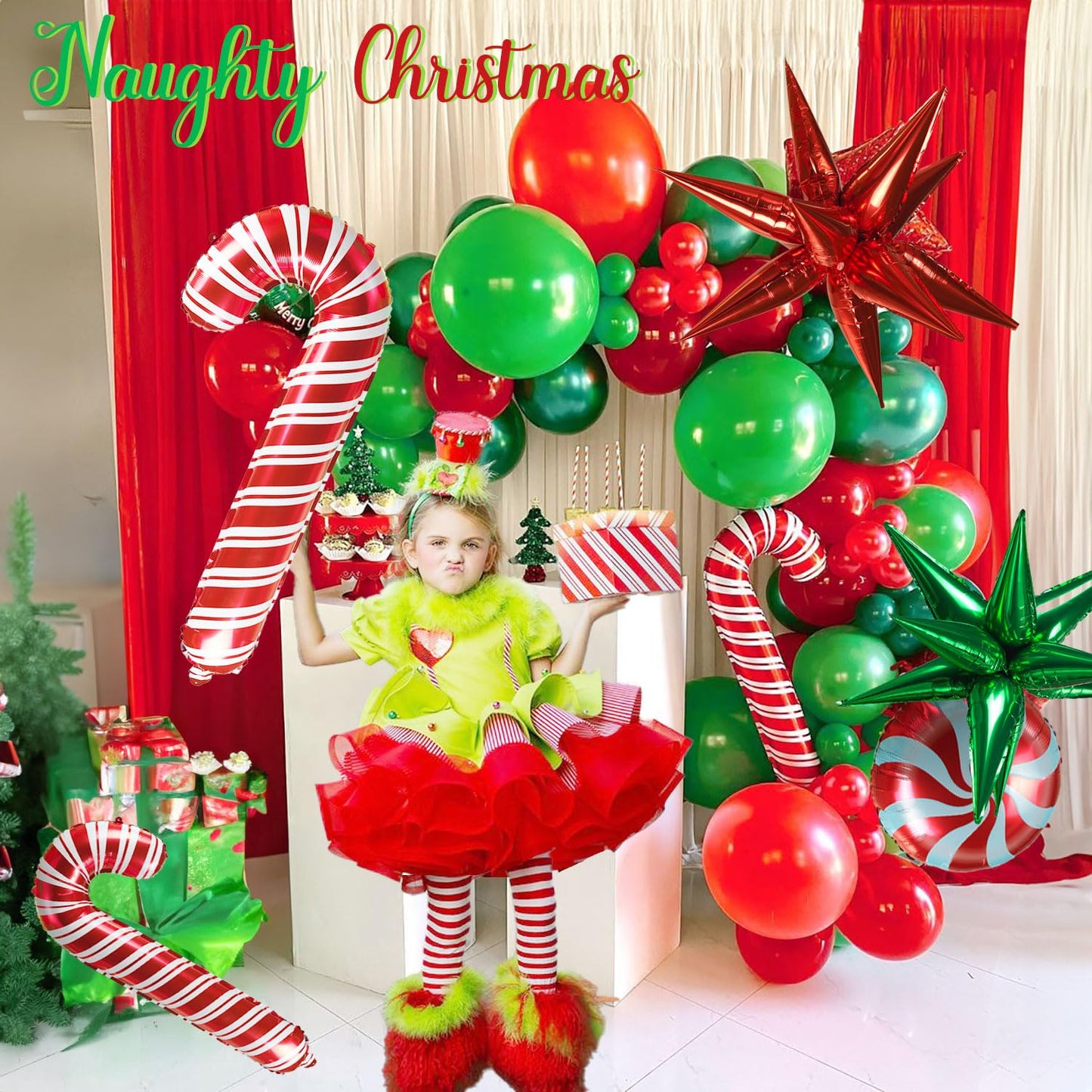 kozee Christmas Balloon Garland Arch Kit140+pcs Xmas Red Green Balloons with candy cane Christmas tree gift box Balloons for Kids Grinchmas Party Naughty Christmas Birthday Decorations