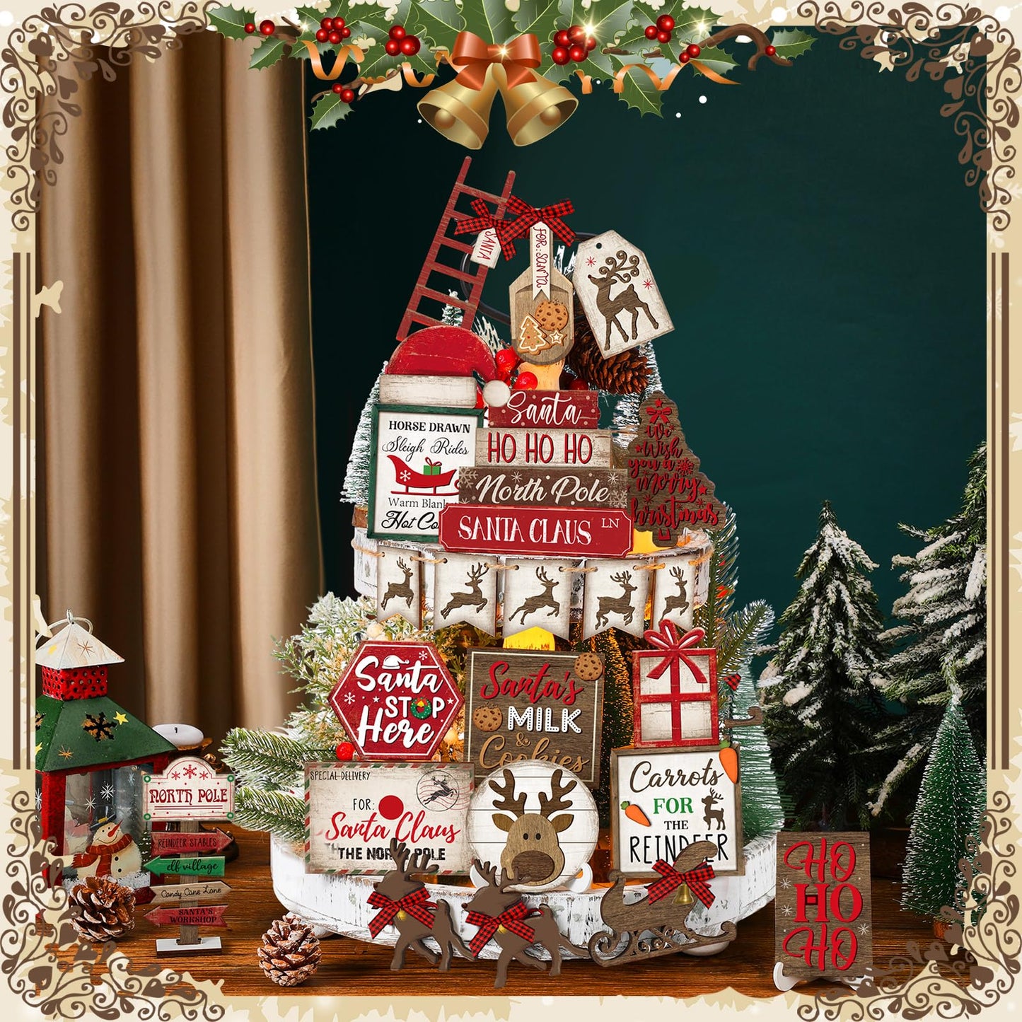 CroBlissful 23 Pcs Christmas Winter Tiered Tray Decor Snowman Farmhouse Decor Winter Tiered Table Centerpieces Wood Blocks Signs for Home Shelf, Without Tray(Red,Elk)