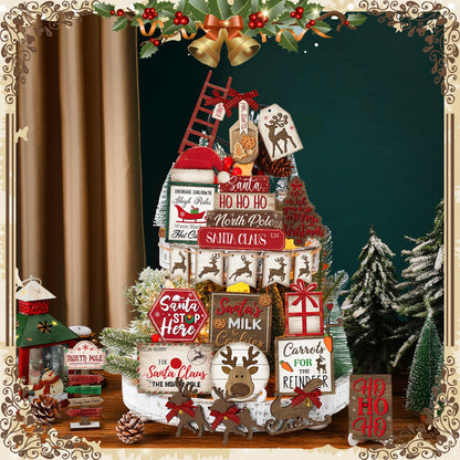 CroBlissful 23 Pcs Christmas Winter Tiered Tray Decor Snowman Farmhouse Decor Winter Tiered Table Centerpieces Wood Blocks Signs for Home Shelf, Without Tray(Red,Elk)