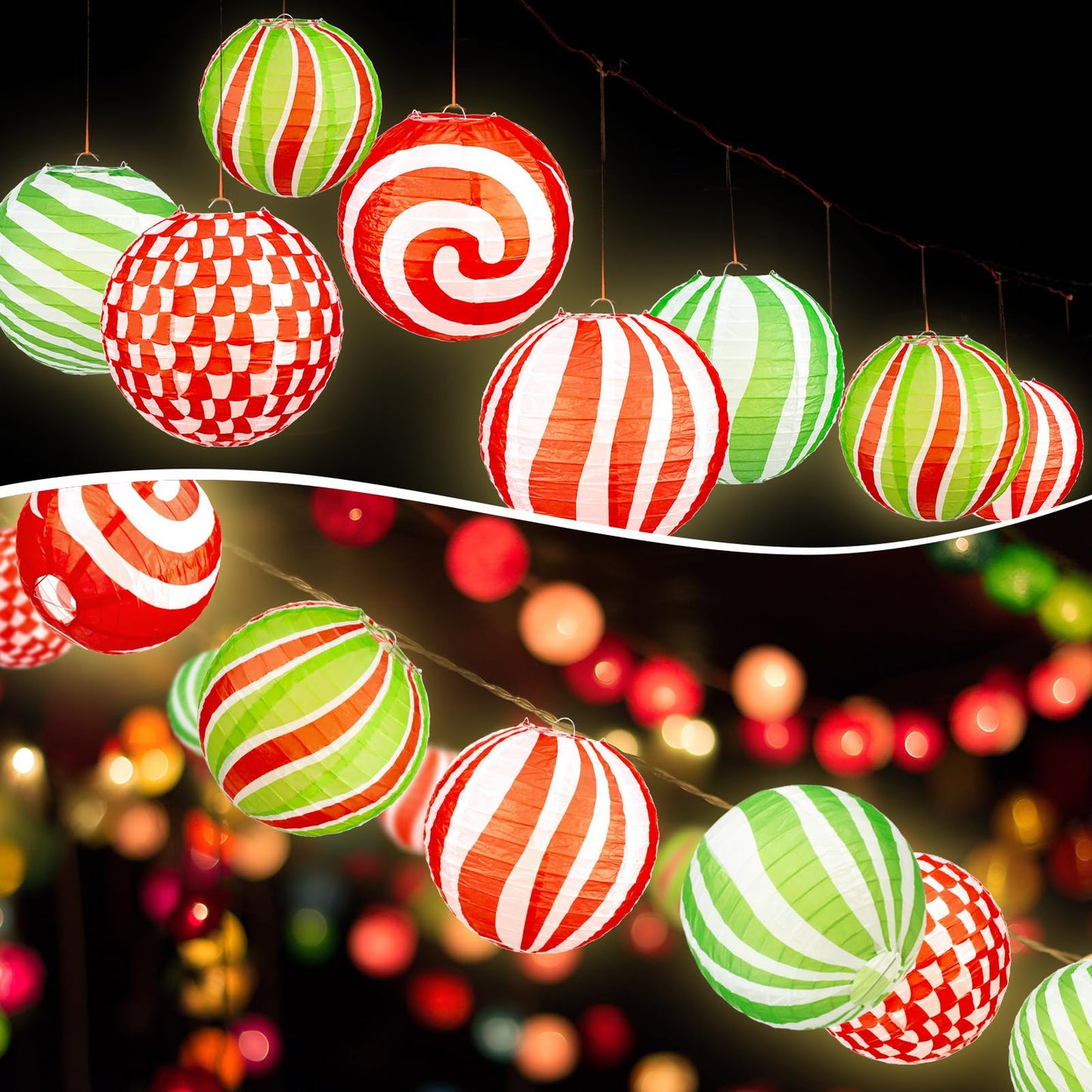 Panelee 12 Pcs Christmas Peppermint Paper Lanterns 8 Inch Red Green White Candy Canes Hanging Round Paper Lanterns Holiday Xmas Party Decorations for Home Classroom Ceiling