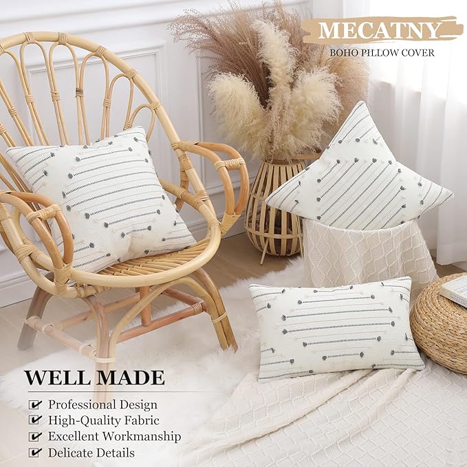 Mecatny Boho Outdoor Throw Pillow Covers 20X20 Set of 2, Farmhouse Decorative Pillow Covers for Couch Sofa Living Room, Beige & Grey