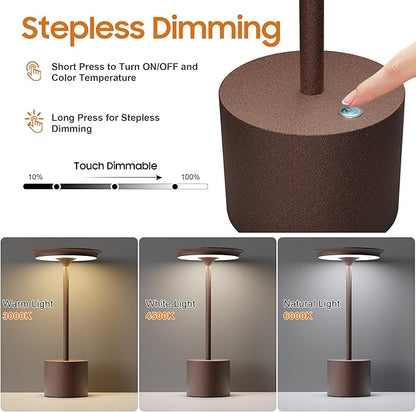 2Pack Cordless Table Lamp, Portable Rechargeable 6000mAh Outdoor Table Lamp, 3 Color Stepless Dimming Battery Powered Lamp, LED Table Light for Dinner/Bedroom/Restaurant/Outdoor (2Pack Rust)