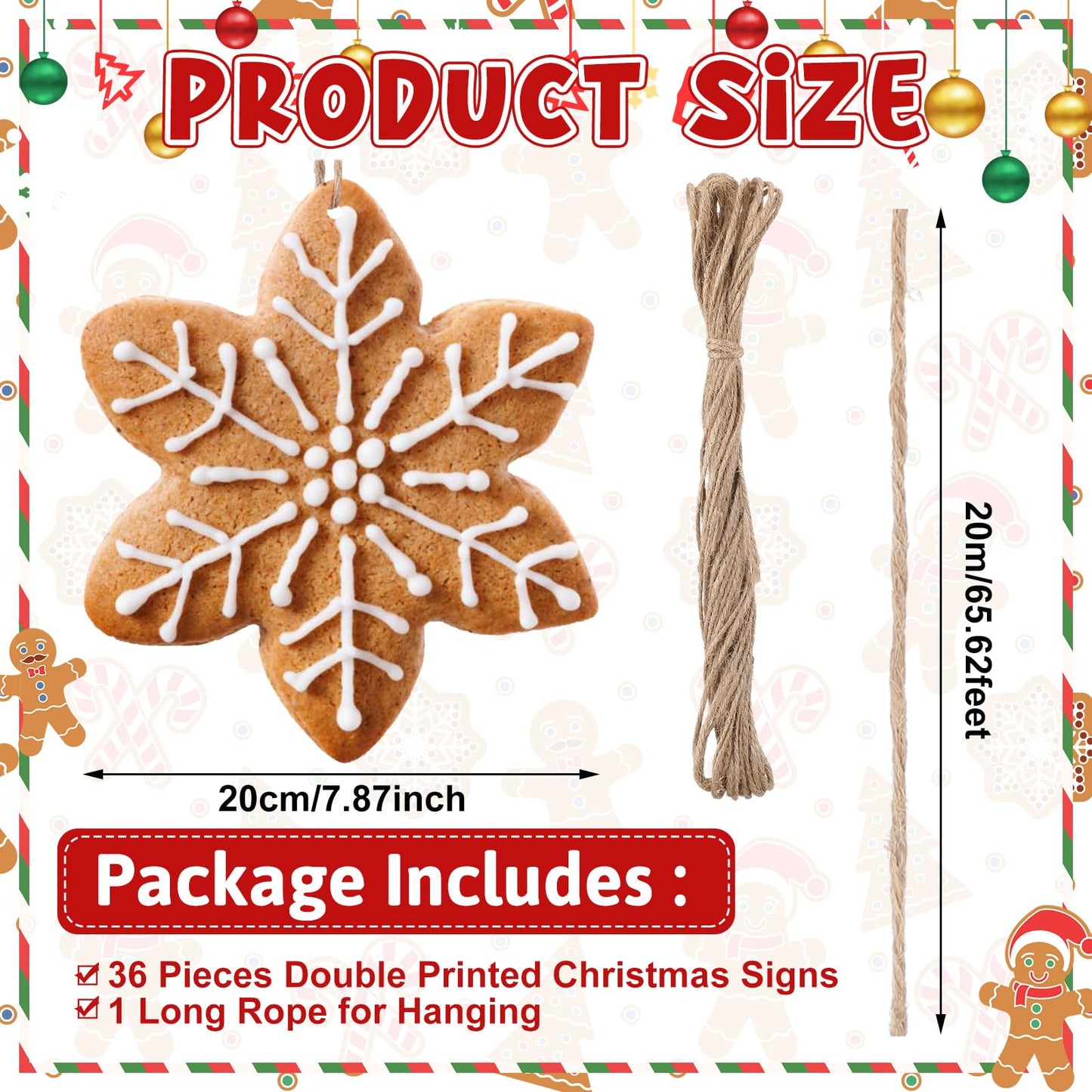 Soaoo 36 Pcs 7.9 Inch Gingerbread Snowflake Christmas Outdoor Decorations Large Hanging Christmas Ornaments Double Sided Xmas Plastic Decor for Xmas Tree Office Home Yard Porch Holiday