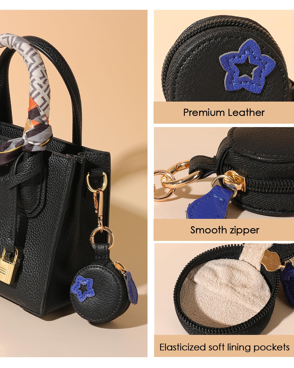 COOLYOUTH Travel Jewelry Holder Storage Ring Holder with Keychain Leather Mini Ring Case (Blue Black)