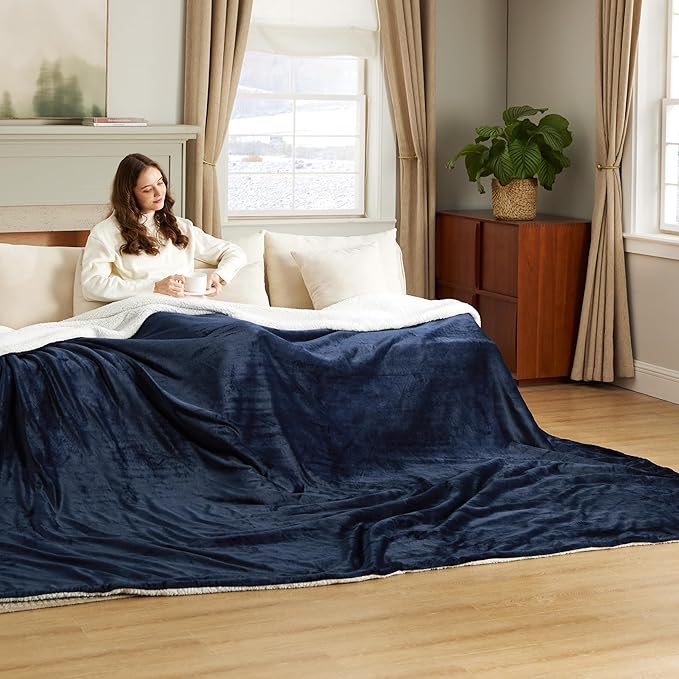 Bedsure GentleSoft Sherpa Fleece Oversized Cal King Blankets for Bed - Thick and Warm Throw for Men, Soft Fuzzy Plush Large Blanket for Winter, Navy, 112x98 Inches