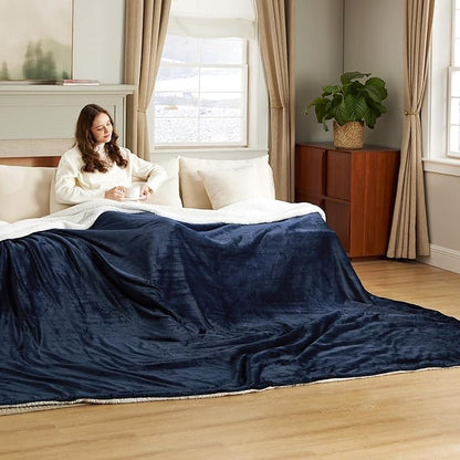 Bedsure GentleSoft Sherpa Fleece Oversized Cal King Blankets for Bed - Thick and Warm Throw for Men, Soft Fuzzy Plush Large Blanket for Winter, Navy, 112x98 Inches